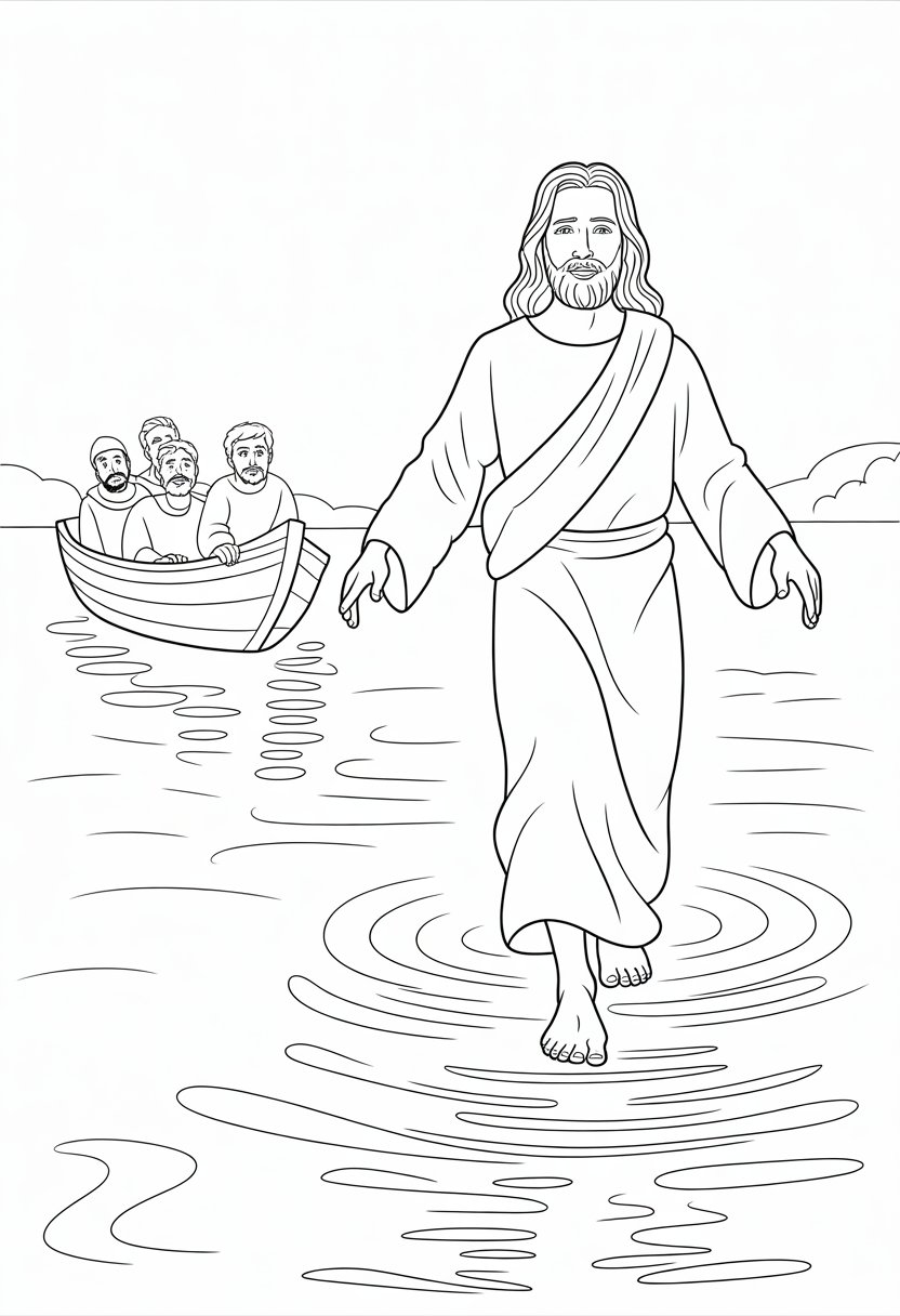 Christian Coloring Pages for Kids: 20 Inspirational Designs to Inspire Faith 34 Jesus walking on water with a boat and disciples in the background.